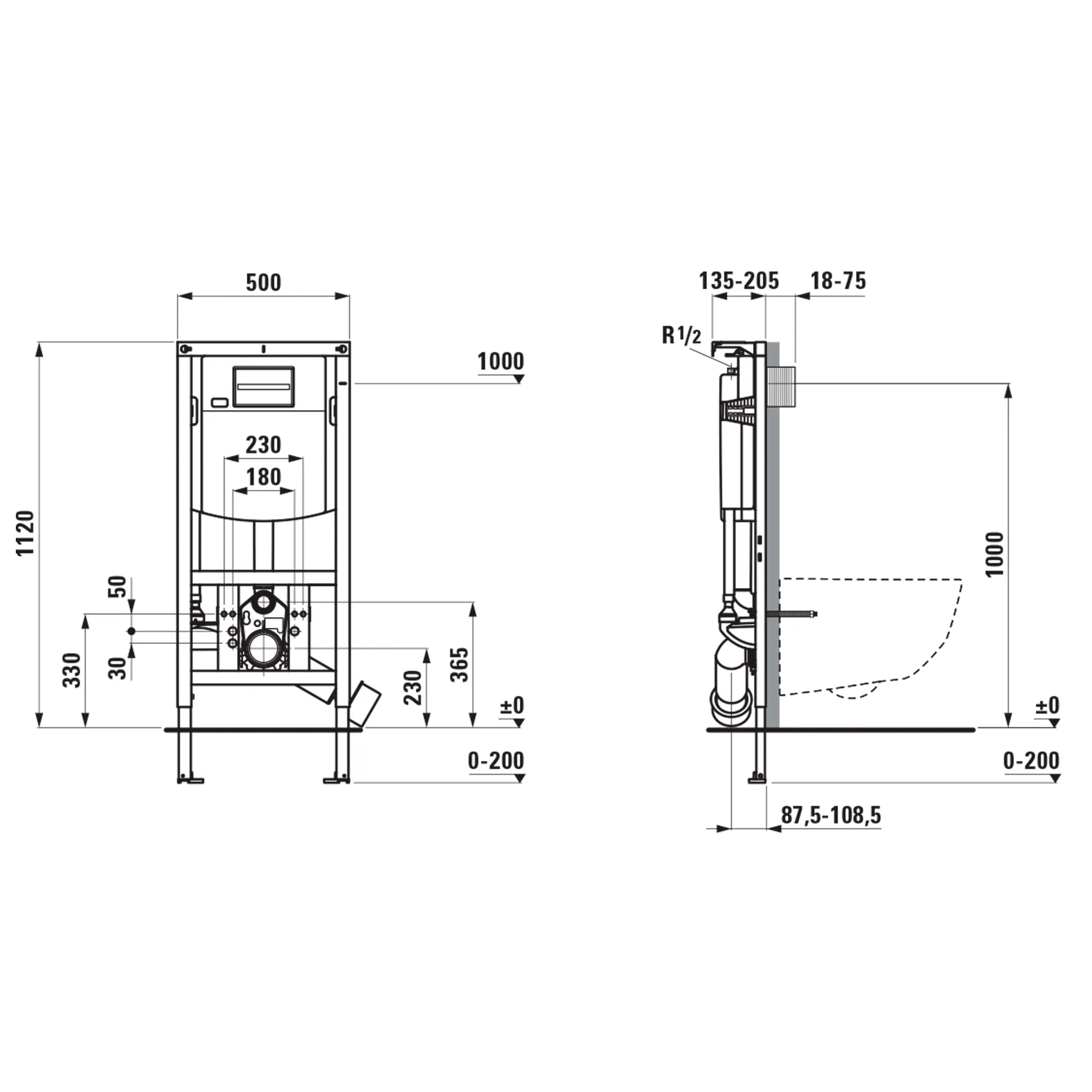 Installationselement INEOLINK mit Spülkasten für Wand-WC und Dusch-WC, Betätigung von vorne, verstellbarer Spülstromdrossel, Füße höhenverstellbar, drehbar, Zweimengenspülung 6/3L, umstellbar auf 4,5/3L, schwitzwasserisoliert
