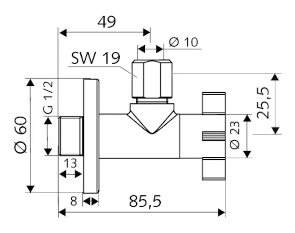 Design-Eckventil mit Regulierfunktion 4WING, Schubrosette Ø 60 mm, DN 15 G 1/2 AG, Ø 10 mm (DN 10 G 3/8 AG) Design-Eckventil mit Regulierfunktion 4WING, Schubrosette Ø 60 mm, DN 15 G 1/2 AG, Ø 10 mm (DN 10 G 3/8 AG)