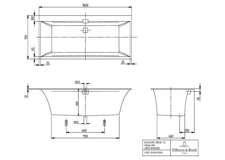 Villeroy & Boch Badewanne „Squaro Edge 12“ rechteck 160 × 75 cm, Mittelablauf in Weiß Alpin