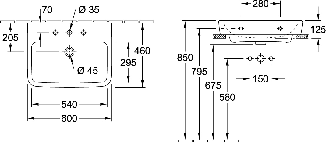 Waschbecken O.novo 4A416G, 600 x 460 mm, Eckig, Becken mittig, 1HL. mittleres Hahnloch durchgestochen, mit Überlauf, Rückseite und Unterseite geschliffen, Weiß Alpin