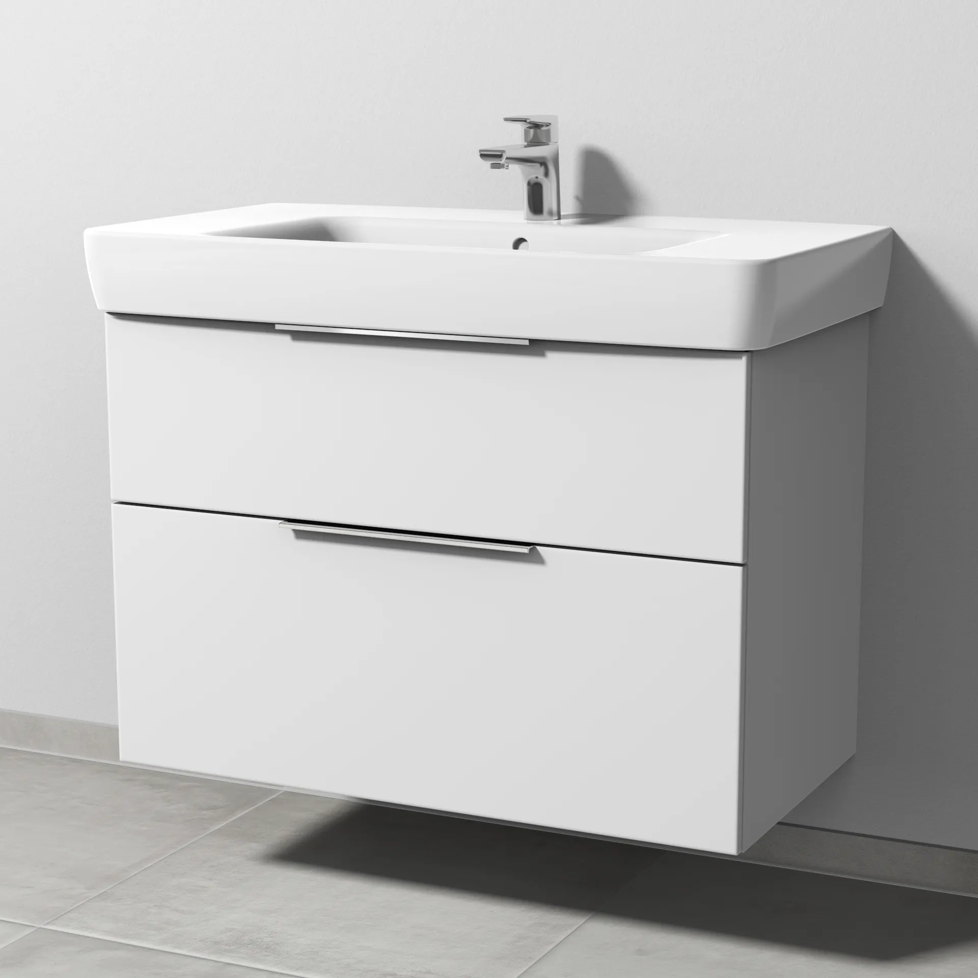 Sanipa Waschtischunterschrank „3way“ passend zu Keramik-Waschtische Renova Plan von Geberit 840 × 588 × 407 mm in Weiß-Soft, Becken mittig