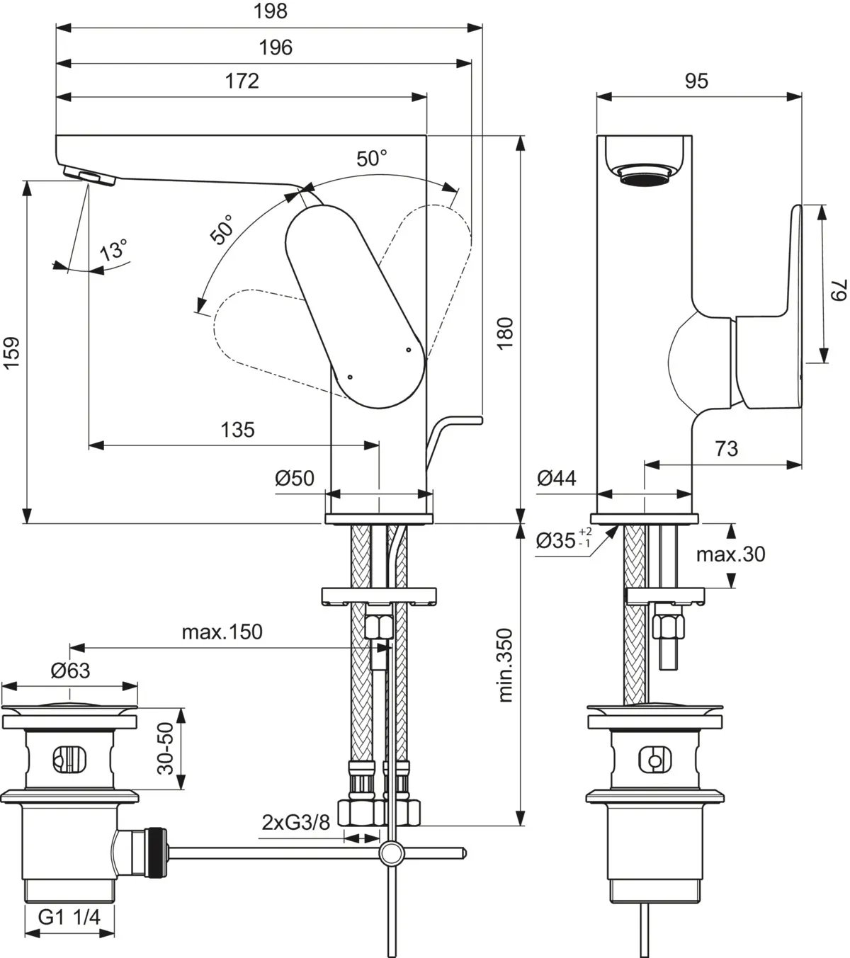 Waschtischarmatur Cerafine O, H155, mit Ablaufgarnitur, Ausladung 135mm, Chrom Waschtischarmatur Cerafine O, H155, mit Ablaufgarnitur, Ausladung 135mm, Chrom