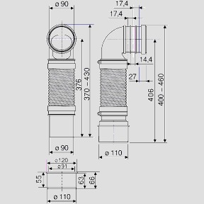 WC-Anschlussrohr DN90/DN100 flexibel, kurz, 3-fach, schwarz