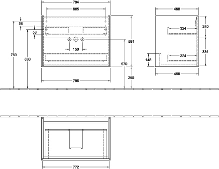 Villeroy & Boch Waschtischunterschrank „Finion“ für Schrankwaschtisch 79,6 × 59,1 × 49,8 cm 2 Schubladen, für Waschtischposition mittig, mittig