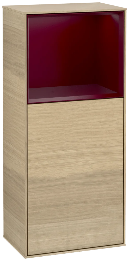 Villeroy & Boch Finion Seitenschrank F510HBPC, 418x936x270 mm, Oak Veneer Front/Korpus, Peony Matt Lacquer Regal, mit Beleuchtung und Push-to-open Funktion