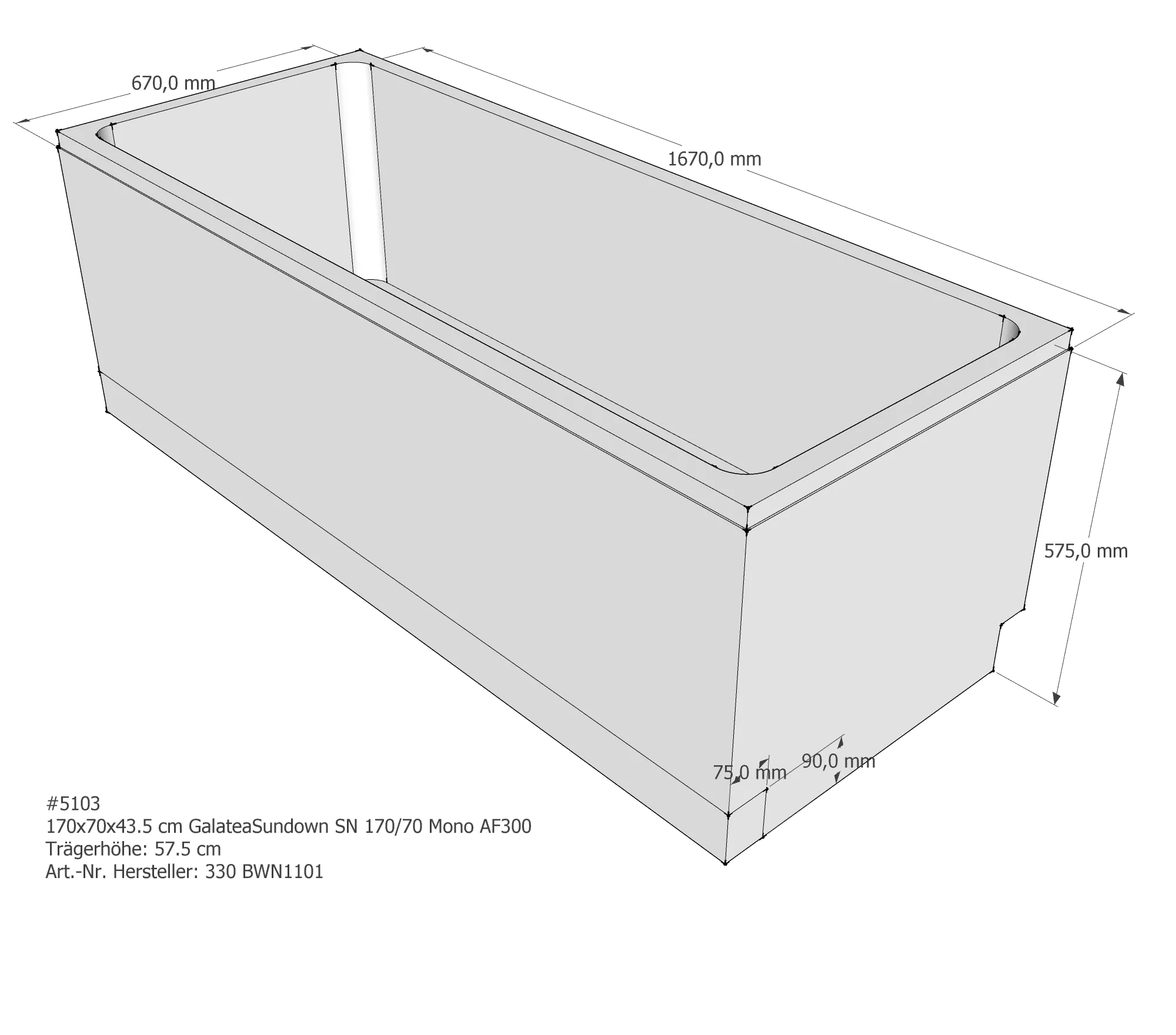 Badewannenträger für Galatea Sundown 170 × 70 × 43,5 cm