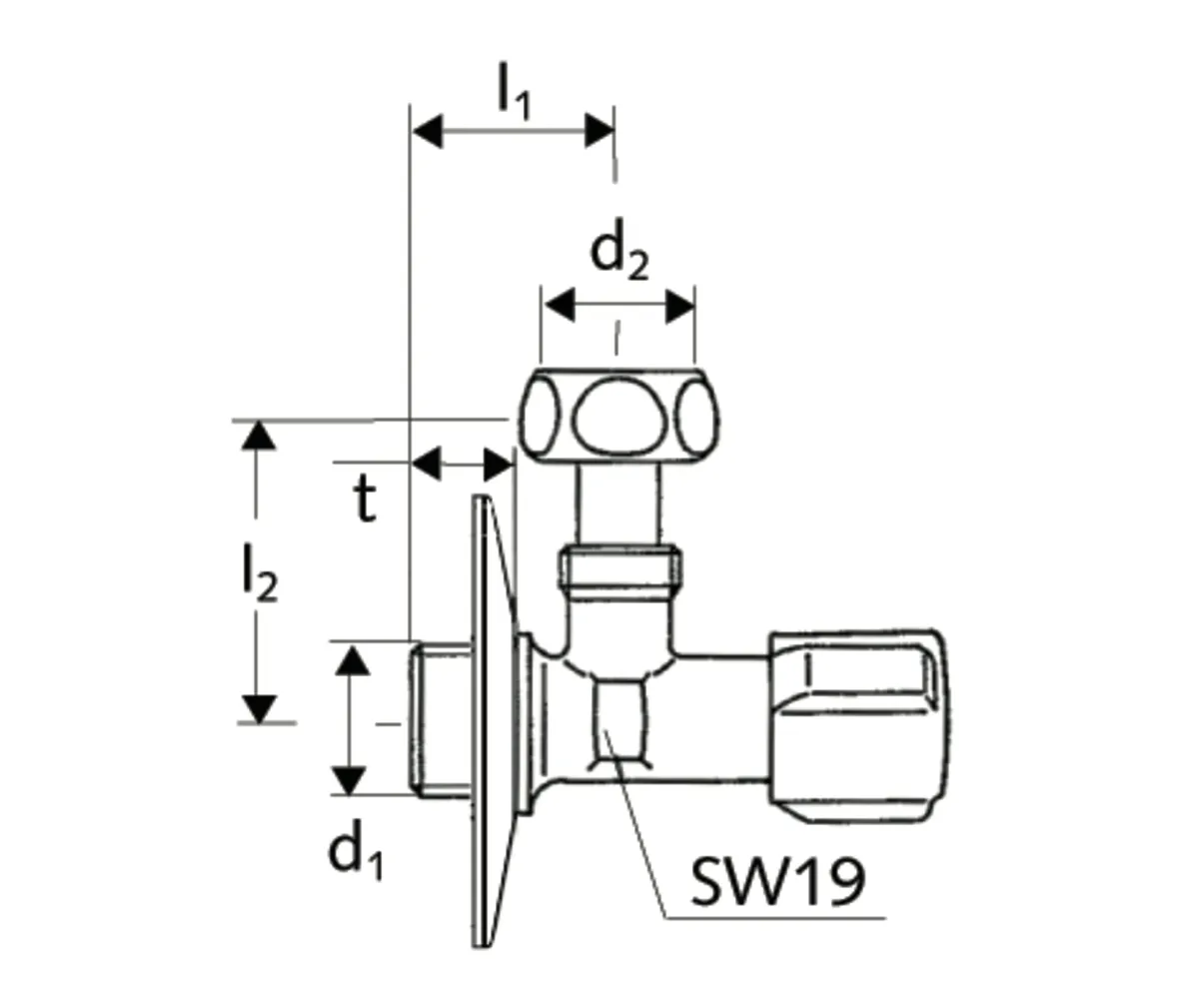Eckventil mit Regulierfunktion COMFORT, COMFORT-Griff, Rosette Ø 54 mm (Tiefe 3 mm), DN 15 G 1/2 AG, Überwurfmutter DN 10 G 3/8 IG, chrom