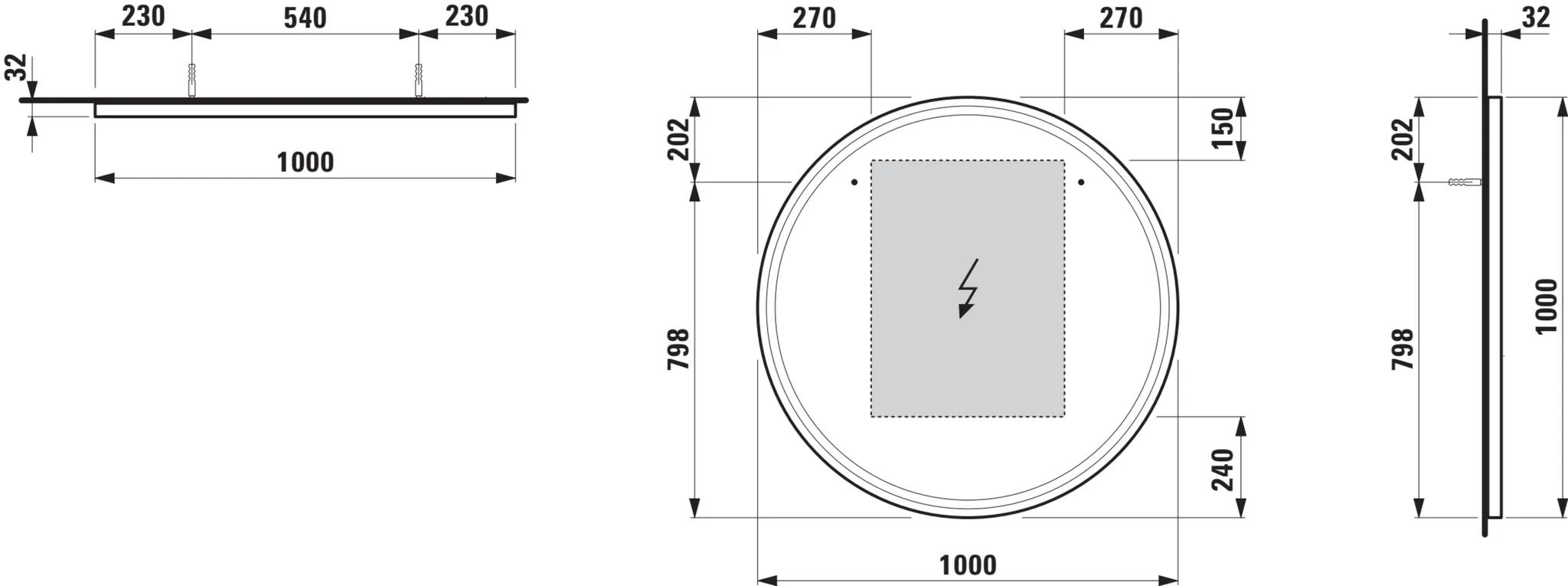 Base 2.0 Spiegel 44439.2, rund LED Bel.,1 Sensorsch., 1000x1000 schw.m