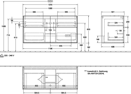 Villeroy & Boch Waschtischunterschrank „Finion“ für Schrankwaschtisch 120 × 60,3 × 50,1 cm 4 Schubladen, für Waschtischposition mittig, inkl. Beleuchtung mittig