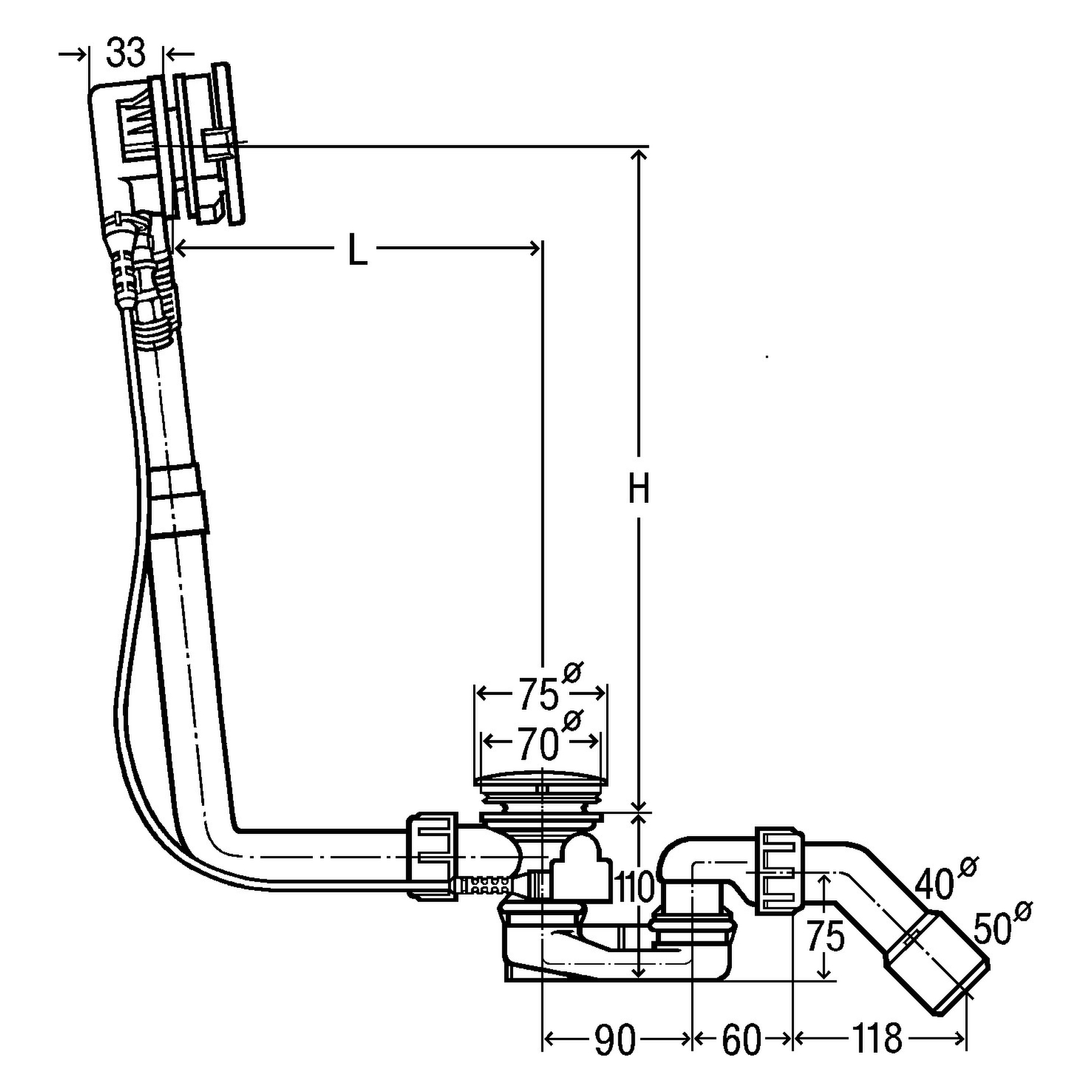Viega Ab- und Überlaufgarnitur mit Zulauffunktion Modell 6161.50 „Multiplex Trio“ für Standardwannen (Ablauf am Fußende)