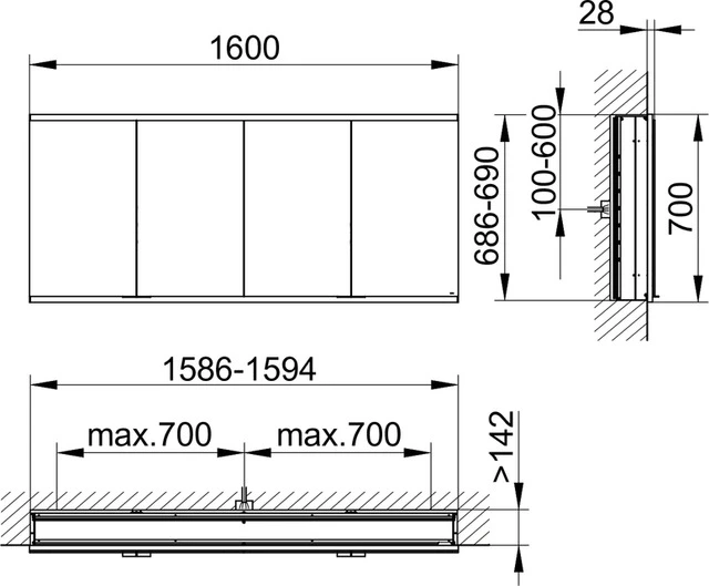 Royal Modular 2.0 800400160100400 Spiegelschrank unbeleuchtet Wandeinbau, 4 Steckdosen 1600 × 700 × 160 mm silber-eloxiert