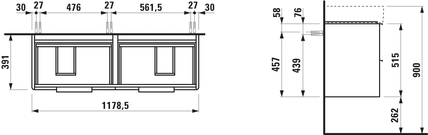 Waschtischunterbau BASE für VAL 391x1178,5x515 4 Schubladen mit Griff aluminium eloxiert für Waschtisch H814282 weiß matt