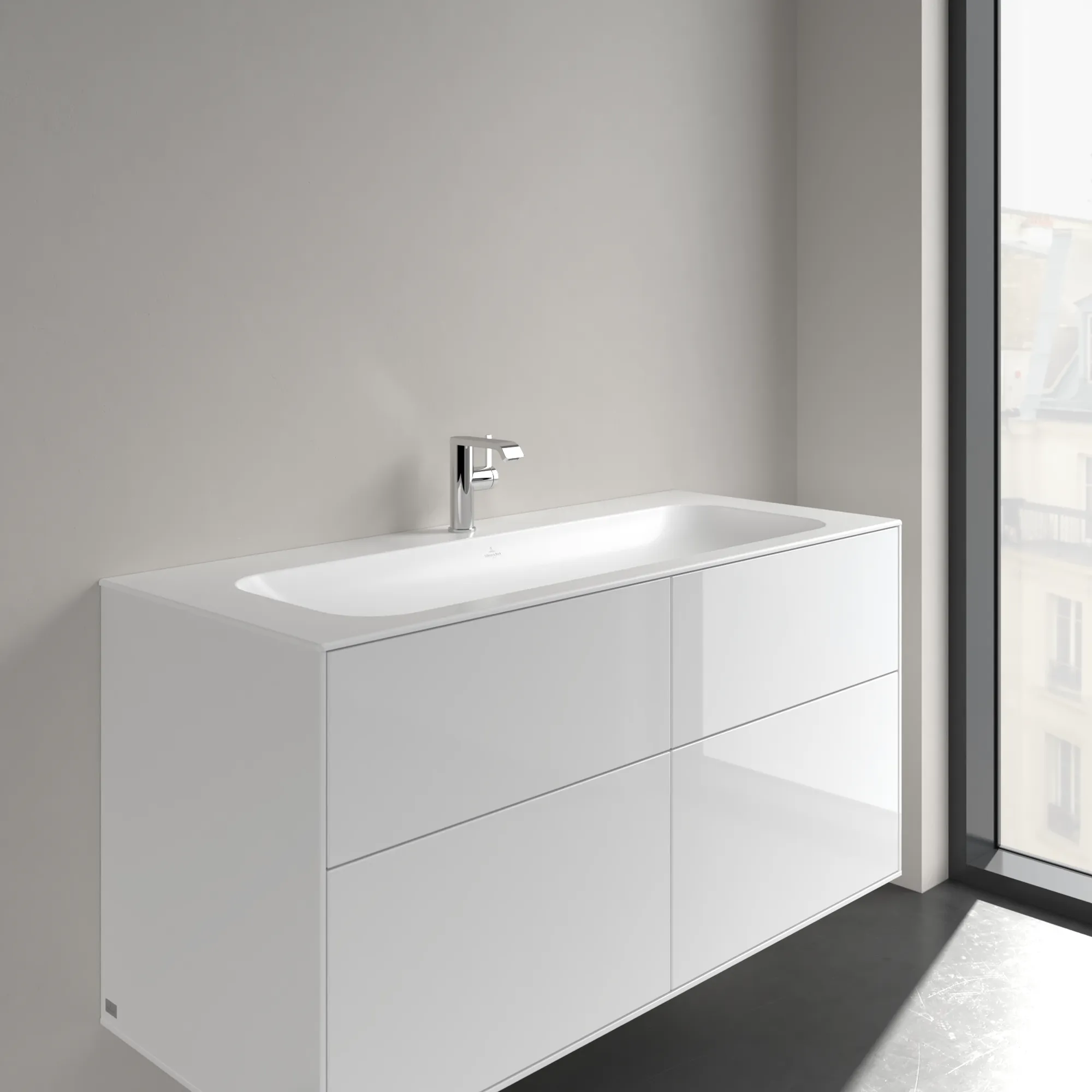Villeroy & Boch Schrankwaschtisch aus TitanCeram „Finion“ 1200 × 500 × 160 mm, mit Hahnlochbohrung, Hahnlochposition mittig in Stone White, mit CeramicPlus Villeroy & Boch Schrankwaschtisch aus TitanCeram „Finion“ 1200 × 500 × 160 mm, mit Hahnlochbohrung, Hahnlochposition mittig in Stone White, mit CeramicPlus