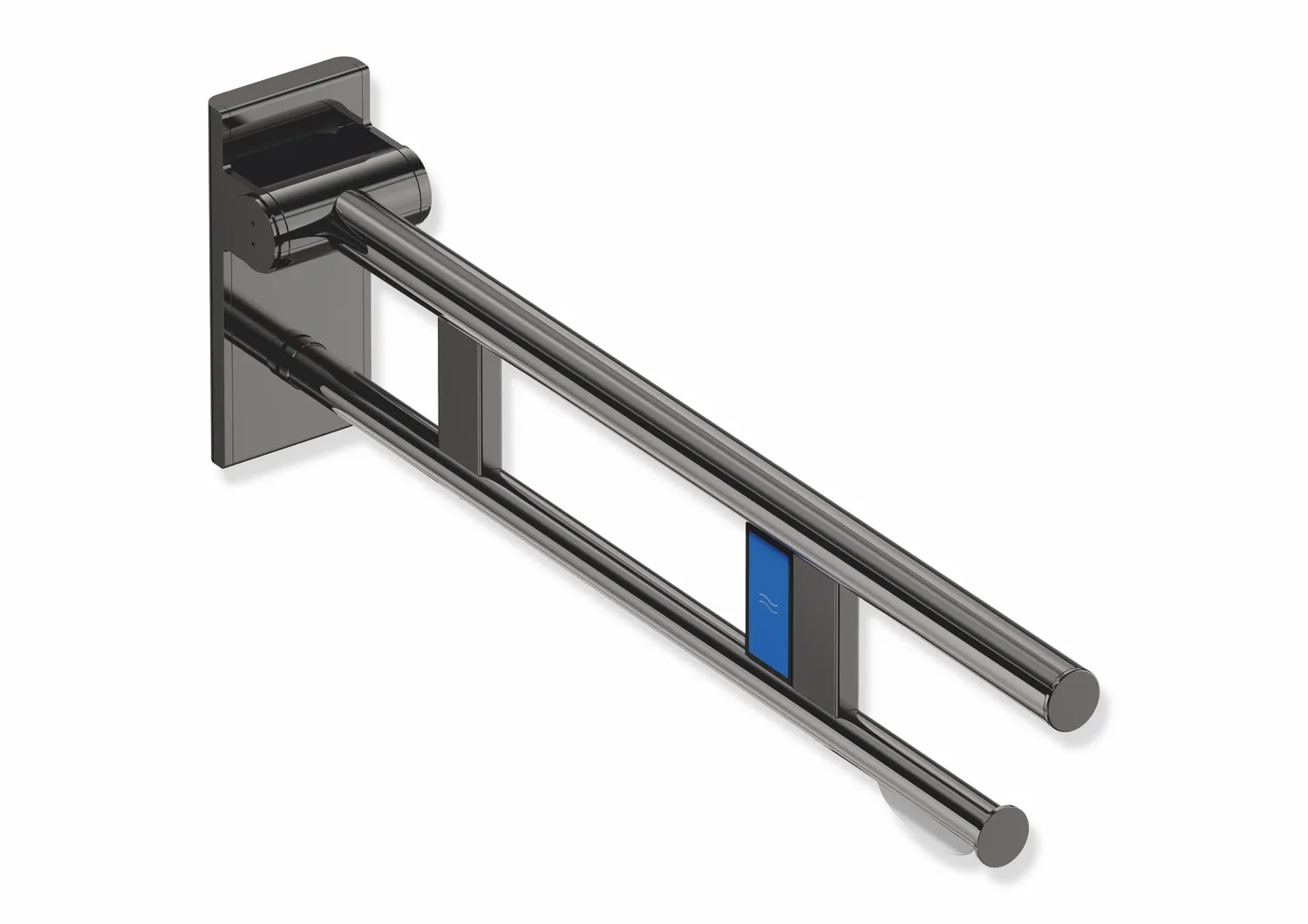 Mobiler Stützklappgriff Duo, Design A des Systems 900, Edelstahl, PVD, Ausladung 700 mm, mit WC-Papierhalter und Funk-Spülauslösung, Ausführung links,