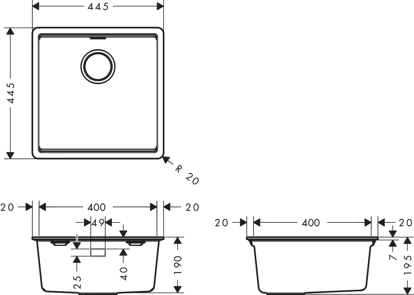 Hansgrohe Einbauspüle S53 Serie 400 Steingrau, 447 x 447 mm, flächenbündig, Beckentiefe 190 mm Hansgrohe Einbauspüle S53 Serie 400 Steingrau, 447 x 447 mm, flächenbündig, Beckentiefe 190 mm