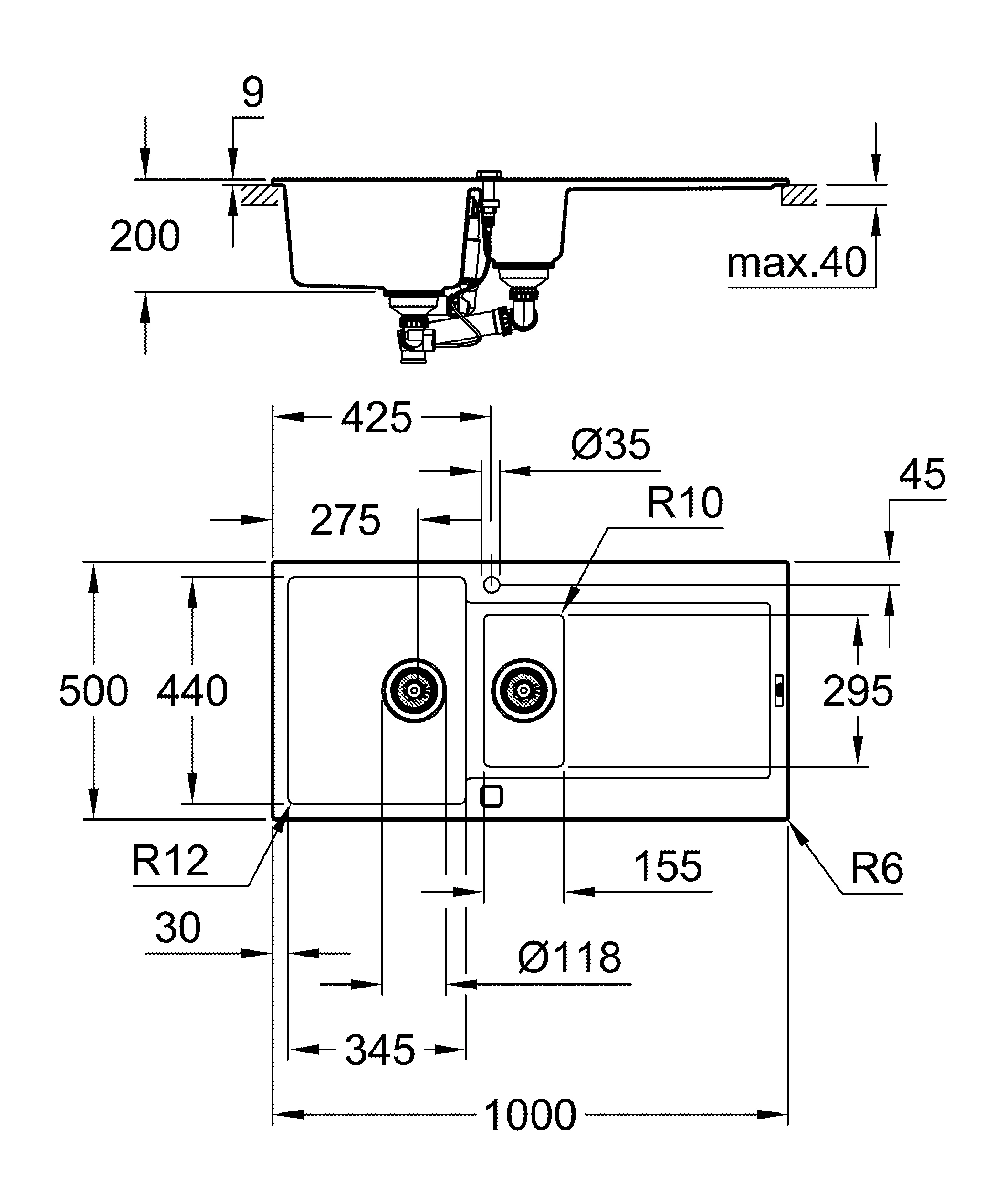 Kompositspüle K500 31646, mit Abtropffläche, Modell: K500 60-C 100/50 1.5 rev, Montageart: Standard-Einbauspüle, Maße: 1000 x 500 mm, 1 Becken: 345 x 440 x 200 mm, 0,5 Becken: 155 x 295 x 146 mm, granit schwarz