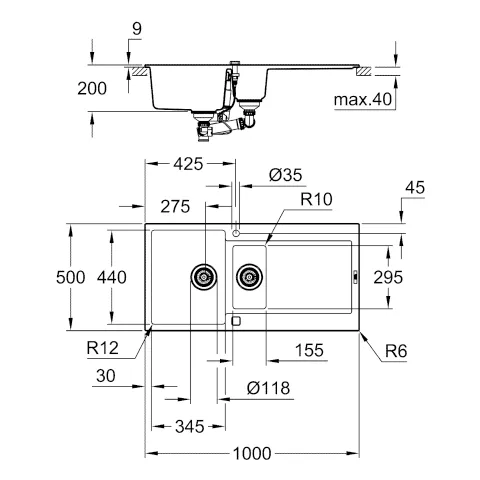Kompositspüle K500 31646, mit Abtropffläche, Modell: K500 60-C 100/50 1.5 rev, Montageart: Standard-Einbauspüle, Maße: 1000 x 500 mm, 1 Becken: 345 x 440 x 200 mm, 0,5 Becken: 155 x 295 x 146 mm, granit schwarz Kompositspüle K500 31646, mit Abtropffläche, Modell: K500 60-C 100/50 1.5 rev, Montageart: Standard-Einbauspüle, Maße: 1000 x 500 mm, 1 Becken: 345 x 440 x 200 mm, 0,5 Becken: 155 x 295 x 146 mm, granit schwarz