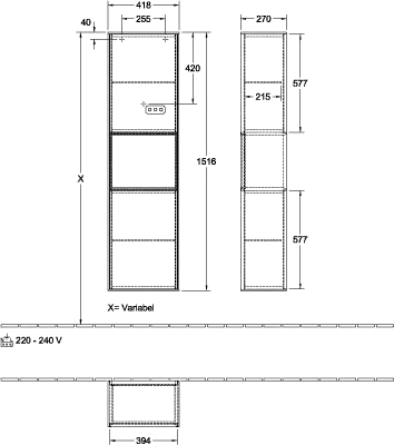 Villeroy & Boch Hochschrank „Finion“ 41,8 × 151,6 cm 2 Türen, Anschlag: rechts, inkl. Beleuchtung Anschlag rechts