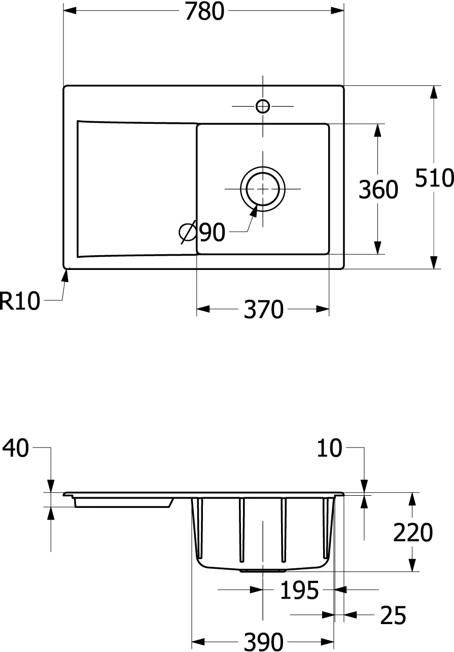 Villeroy & Boch Einbau-Küchenspülbecken „Subway Style“ 45 780 × 510 × 220 mm, für Becken rechts in Timber