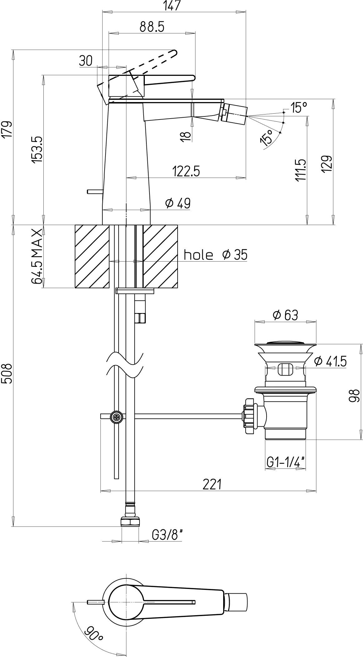 Einhebel-Bidetarmatur Conum T127001000, 49 x 154 x 147 mm, Chrom