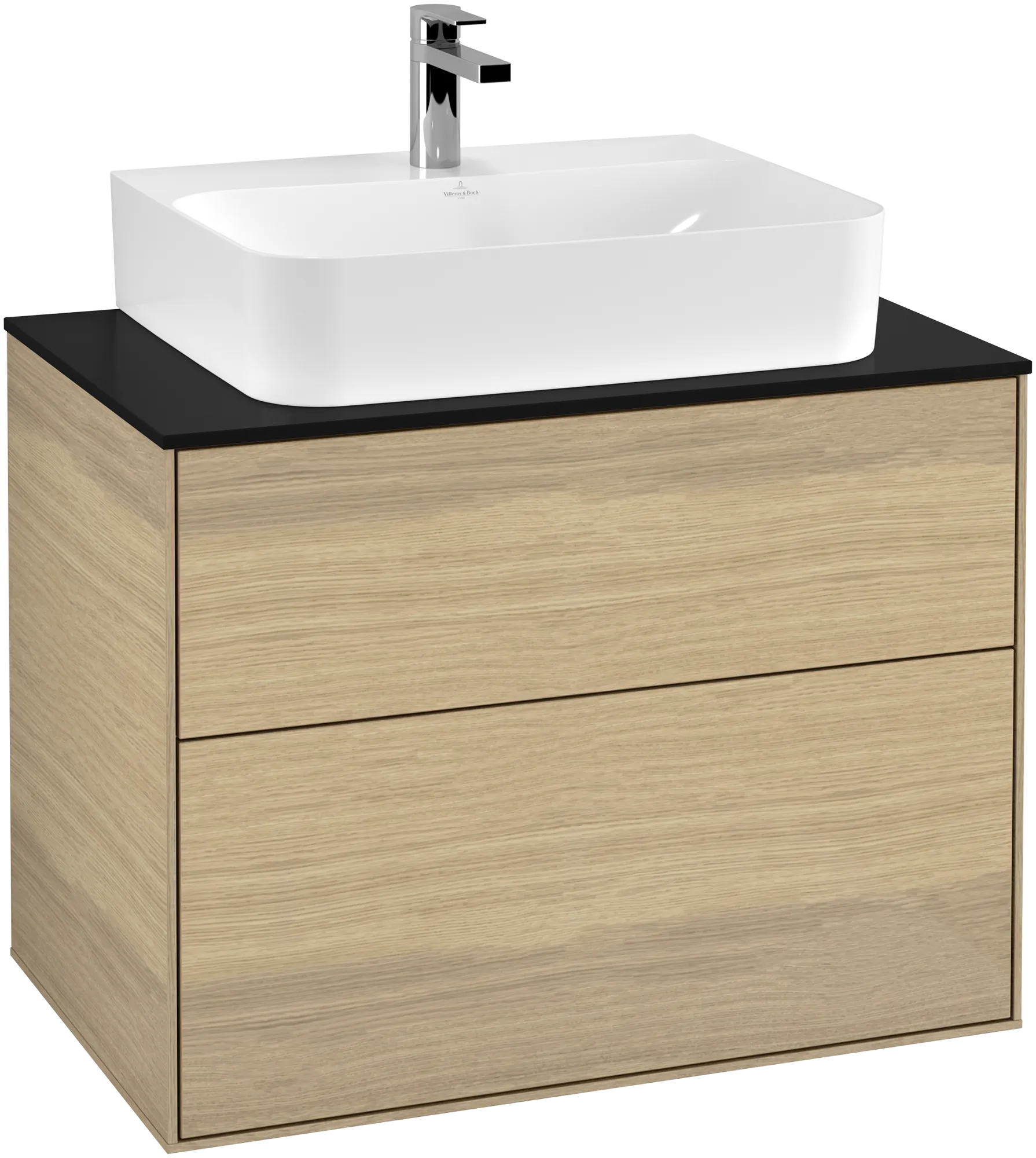 Villeroy & Boch Waschbeckenunterschrank Finion F09, Eckig Oak Veneer mit Glass Black Matt Abdeckplatte, 800 x 603 x 501 mm, 2 Auszüge mit SoftClosing und Push-to-open Funktion Villeroy & Boch Waschbeckenunterschrank Finion F09, Eckig Oak Veneer mit Glass Black Matt Abdeckplatte, 800 x 603 x 501 mm, 2 Auszüge mit SoftClosing und Push-to-open Funktion