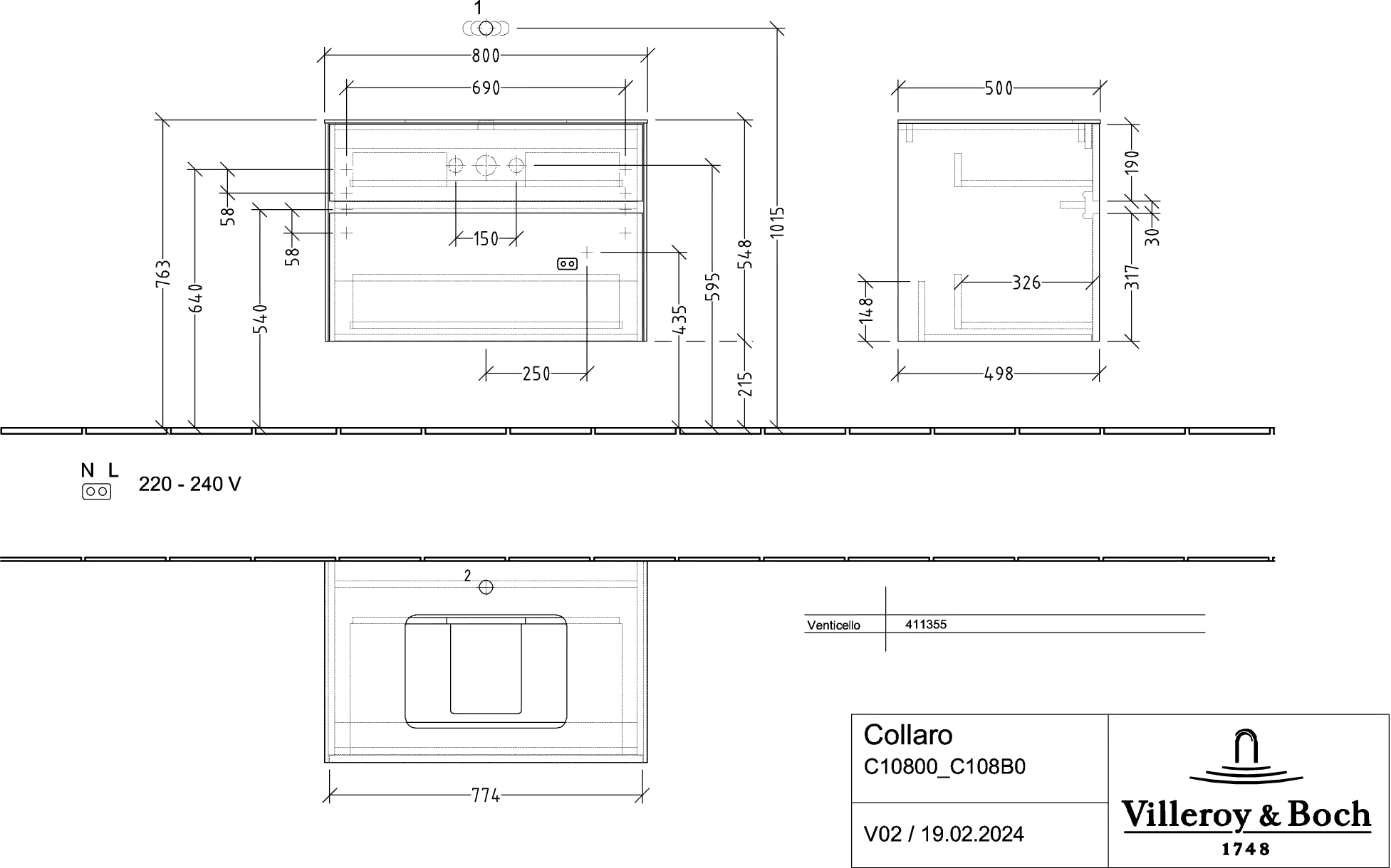 Villeroy & Boch Waschbeckenunterschrank Collaro C108B0, Eckig Glossy White, 800x548x500mm, mit Beleuchtung und SoftClosing