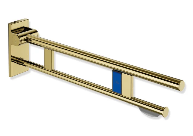 HEWI Stützklappgriff Duo System 900, Design A, Edelstahl PVD gold glänzend, Ausladung 750 mm, mit WC-Papierhalter und Funk-Spülauslösung, links