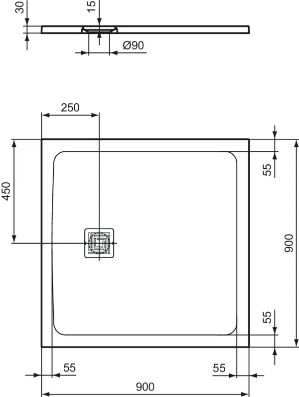 Ideal Standard Quadrat-Brausewanne Ultra Flat S +, Carraraweiß, 900x900 mm, Ablauf 25 cm Mitte/Seite, Bodenebener Einbau möglich Ideal Standard Quadrat-Brausewanne Ultra Flat S +, Carraraweiß, 900x900 mm, Ablauf 25 cm Mitte/Seite, Bodenebener Einbau möglich