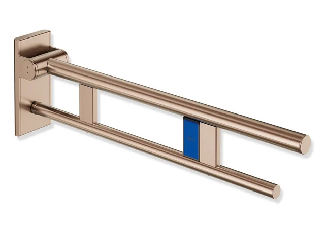 HEWI Mobiler Stützklappgriff Duo System 900, Design A, PVD Kupfer gebürstet, Ausladung 700 mm, Funk-Spülauslösung, links