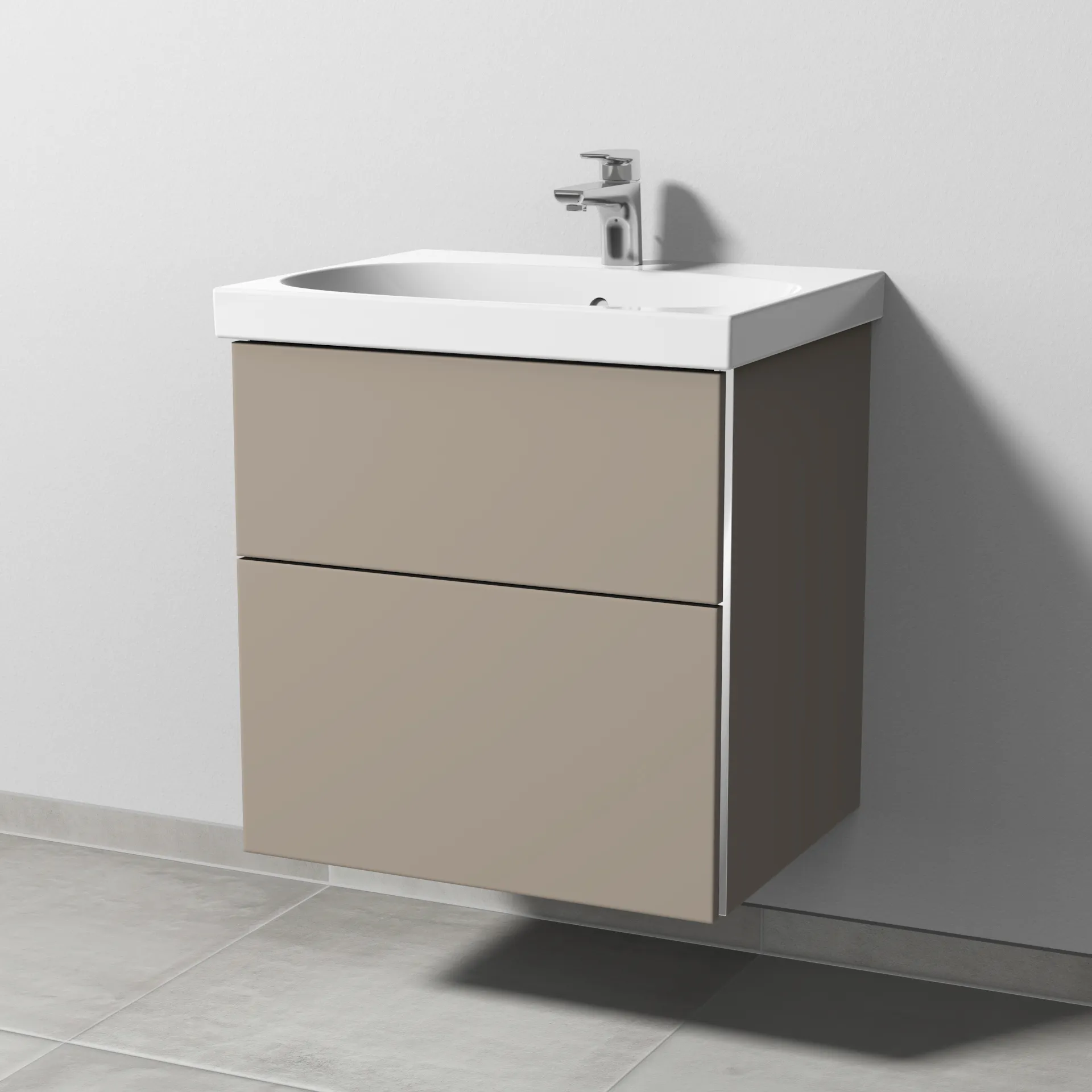 Sanipa Waschtischunterschrank „3way“ passend zu Keramik-Waschtische Acanto von Geberit 570 × 586 × 467 mm in Sandgrau (matt), mit Hahnlochbohrung,