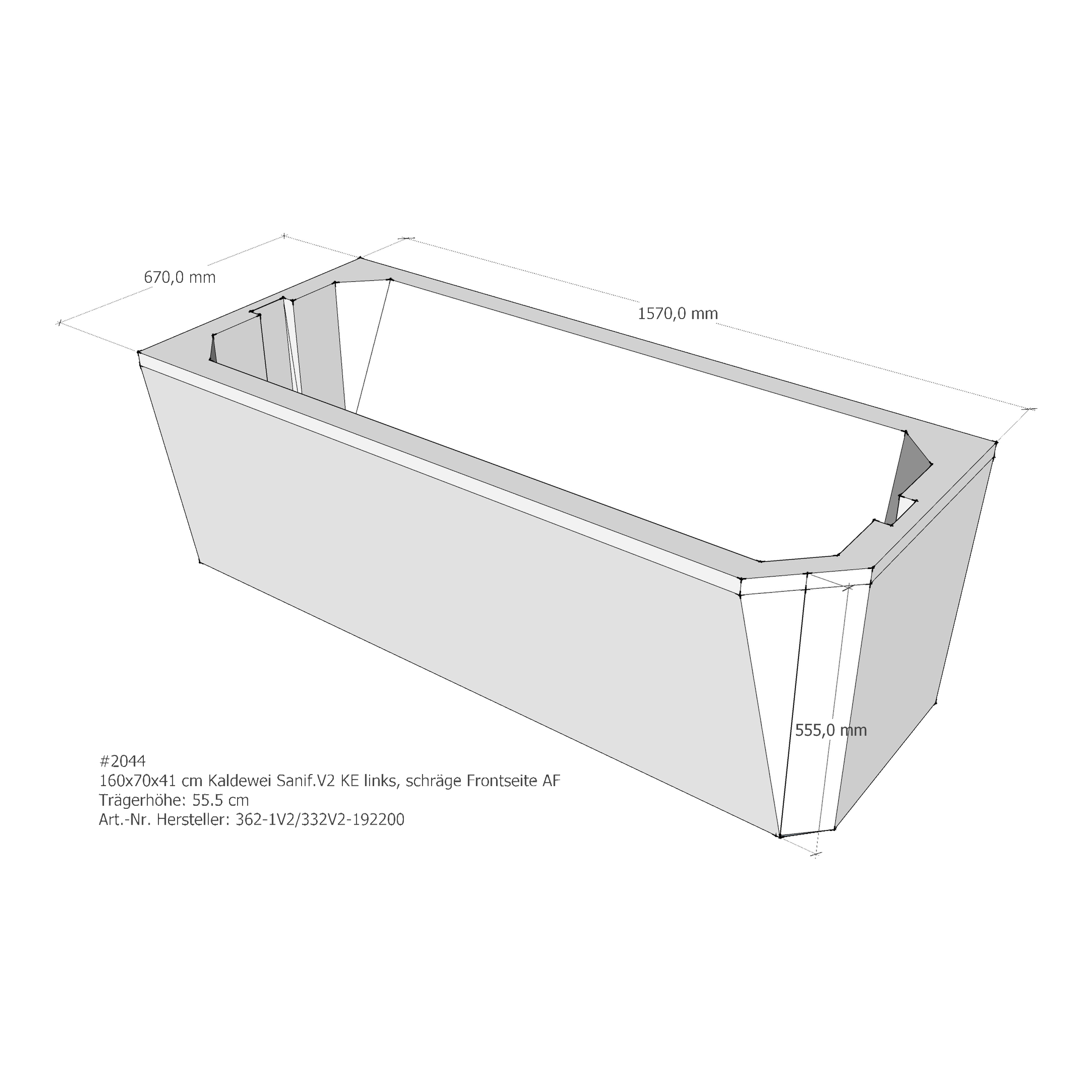 Badewannenträger für Kaldewei Saniform V2 KE links schräge Frontseite 160 × 70 × 41 cm Badewannenträger für Kaldewei Saniform V2 KE links schräge Frontseite 160 × 70 × 41 cm