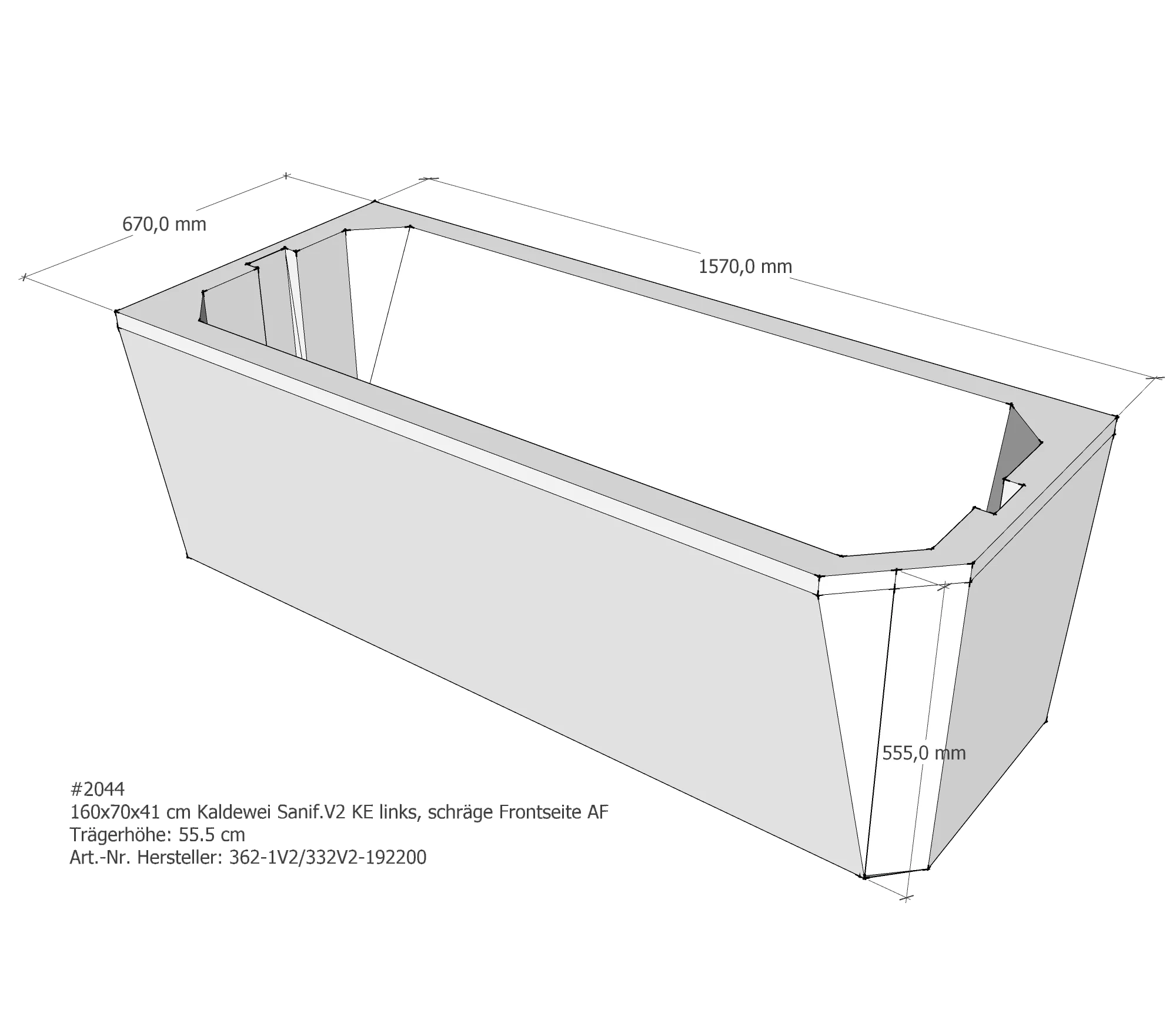 Badewannenträger für Kaldewei Saniform V2 KE links schräge Frontseite 160 × 70 × 41 cm