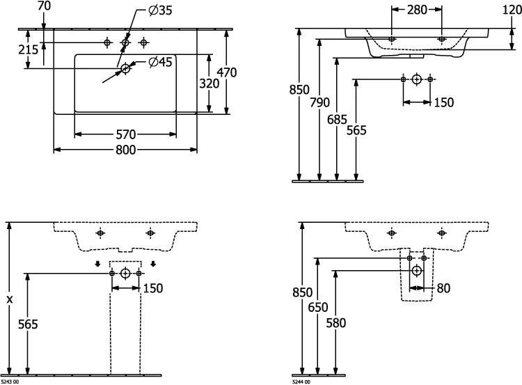 Villeroy & Boch Schrankwaschtisch Subway 3.0, 800x470x165mm, glänzend weiß Alpin, TitanCeram, Wandmontage