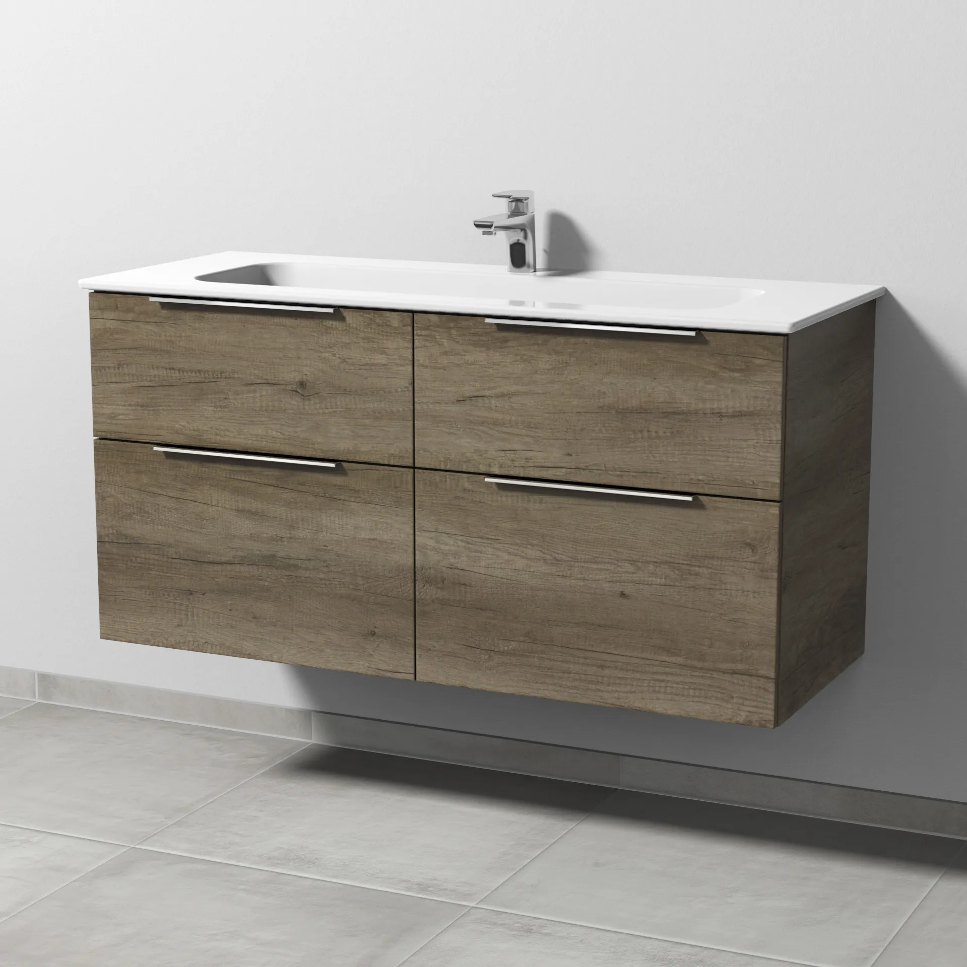 Keramik-Waschtisch-Set mit Waschtischunterschrank „3way“ 117 × 46 × 58,2 cm in Eiche Nebraska, mit Hahnlochbohrung, Becken mittig