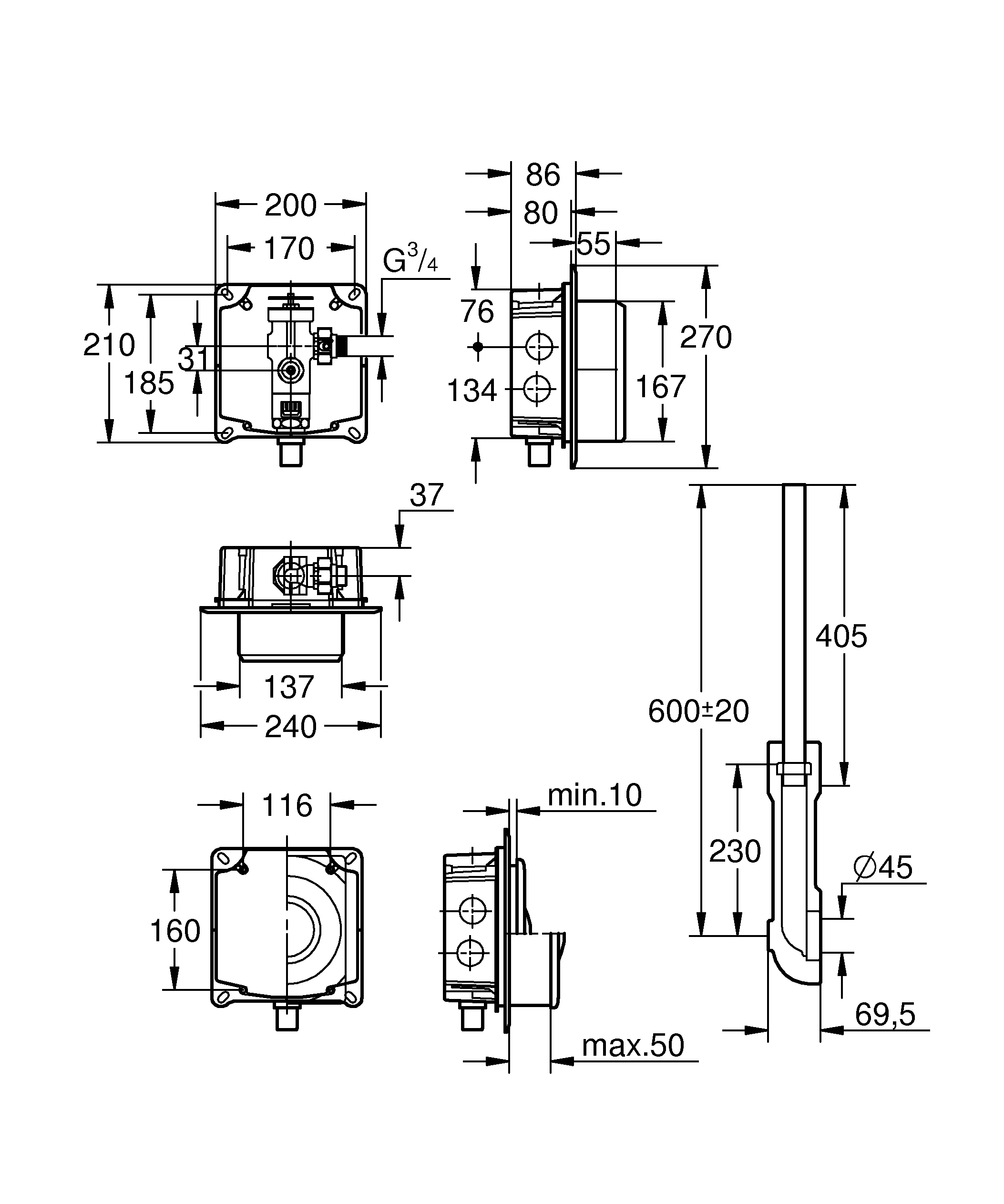 Druckspüler für WC 37153, DN 20, Wandeinbau, Vorabsperrung, 6-9l einstellbar