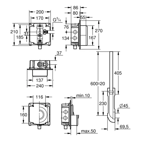 Druckspüler für WC 37153, DN 20, Wandeinbau, Vorabsperrung, 6-9l einstellbar Druckspüler für WC 37153, DN 20, Wandeinbau, Vorabsperrung, 6-9l einstellbar