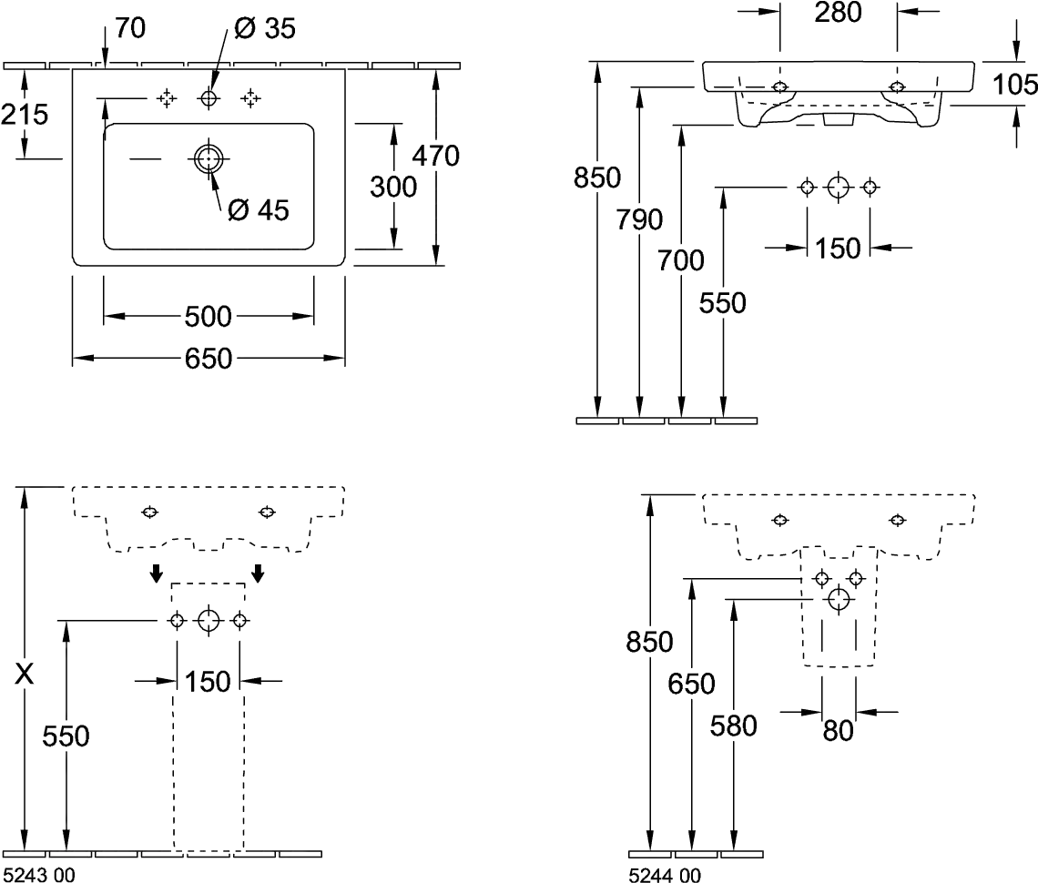 Villeroy & Boch Wandwaschtisch „Subway 2.0“ 650 × 470 × 180 mm, mit Hahnlochbohrung, Hahnlochposition mittig, mit Hahnlochbank in Weiß Alpin Villeroy & Boch Wandwaschtisch „Subway 2.0“ 650 × 470 × 180 mm, mit Hahnlochbohrung, Hahnlochposition mittig, mit Hahnlochbank in Weiß Alpin