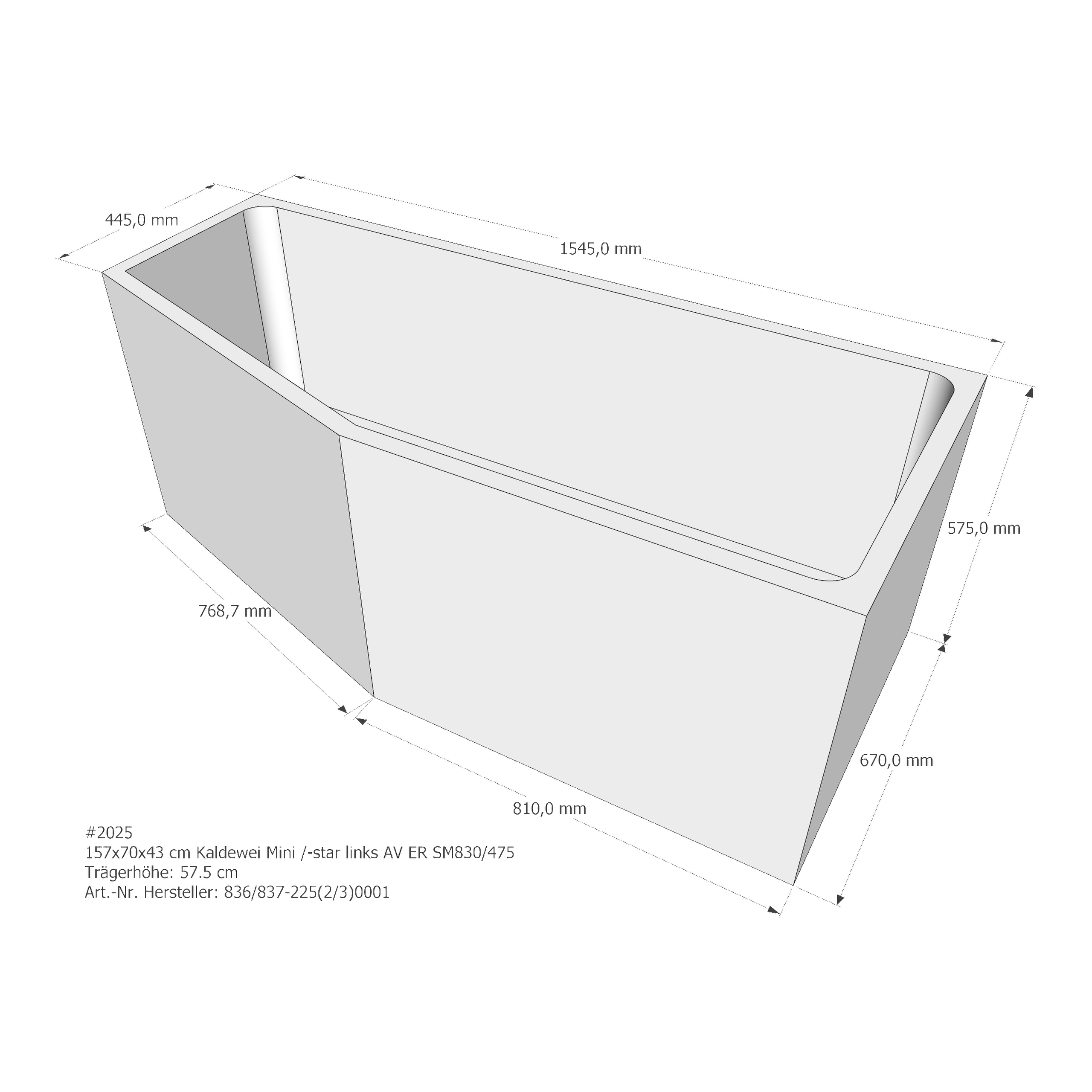 Badewannenträger für Kaldewei Mini /-Star links 157 × 70 × 43 cm