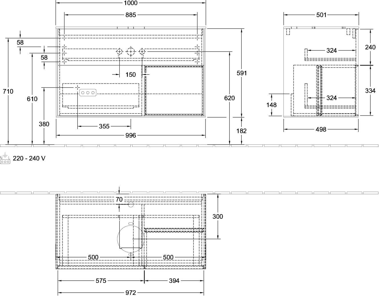 Villeroy & Boch Waschbeckenunterschrank Finion F78, 1000 x 603 x 501 mm, Black Matt Lacquer, mit Beleuchtung und Push-to-open Funktion