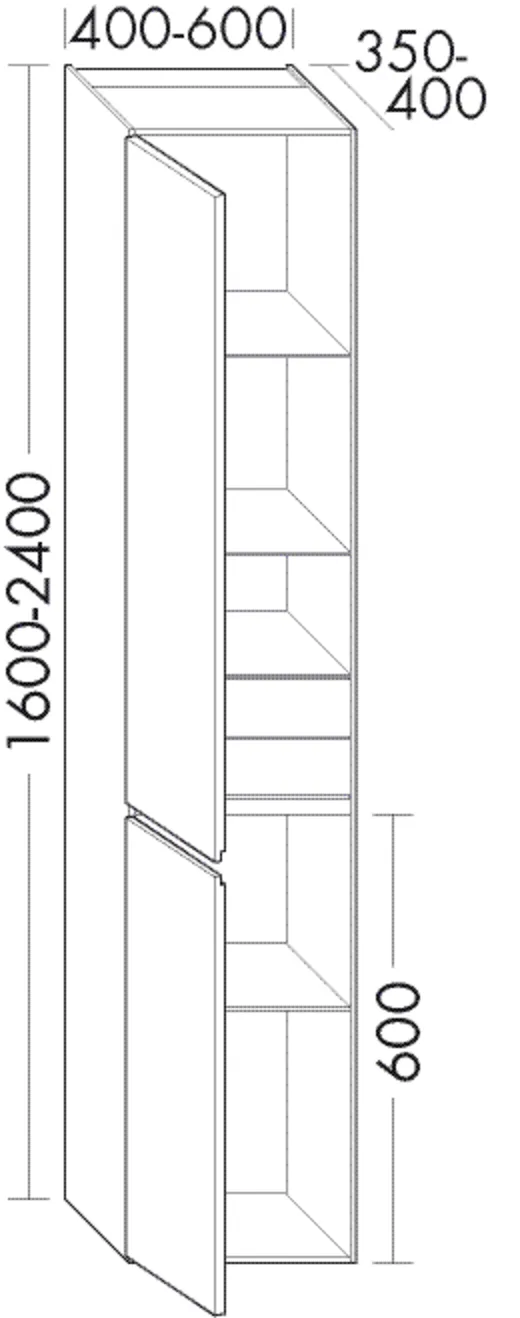 Hochschrank, 2 Türen;2 Innenschubladen inkl. Tip-on;3 Glaseinlegeböden;1 fester Boden, Tiefe: 400 mm, Breite: 400 mm, Höhe: 1800 mm