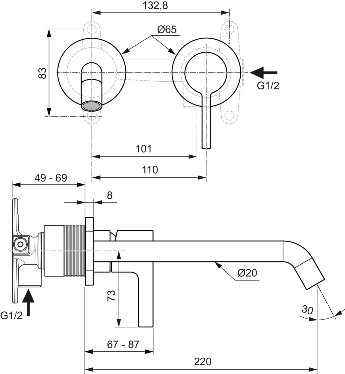 Wand-Waschtischarmatur Joy, Bausatz 2, runde Rosette, Ausladung 220mm, Brushed Gold Wand-Waschtischarmatur Joy, Bausatz 2, runde Rosette, Ausladung 220mm, Brushed Gold