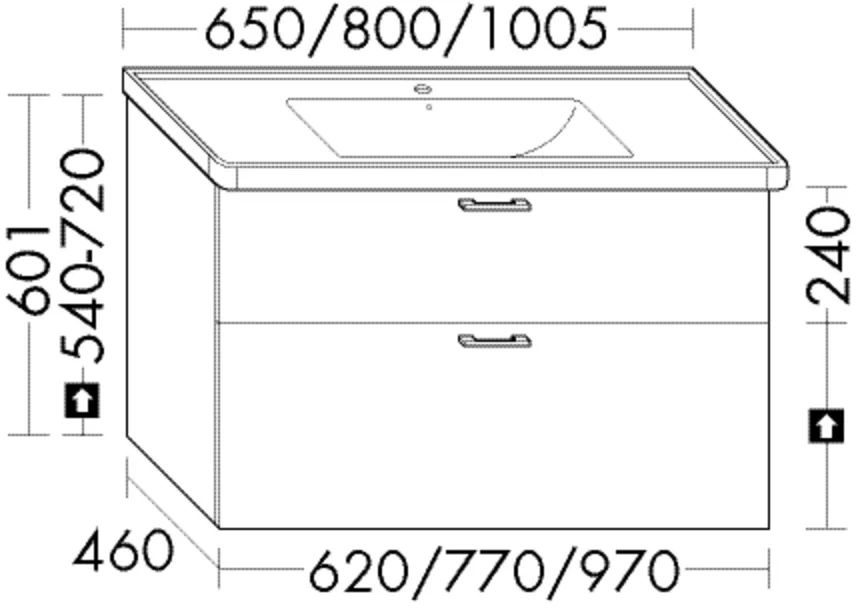 Waschtischunterschrank Sys30 von burgbad – 460 x 620 x 601 mm, 1 Schublade oben, 1 Auszug unten, 300 mm tief, mit Siphonausschnitt