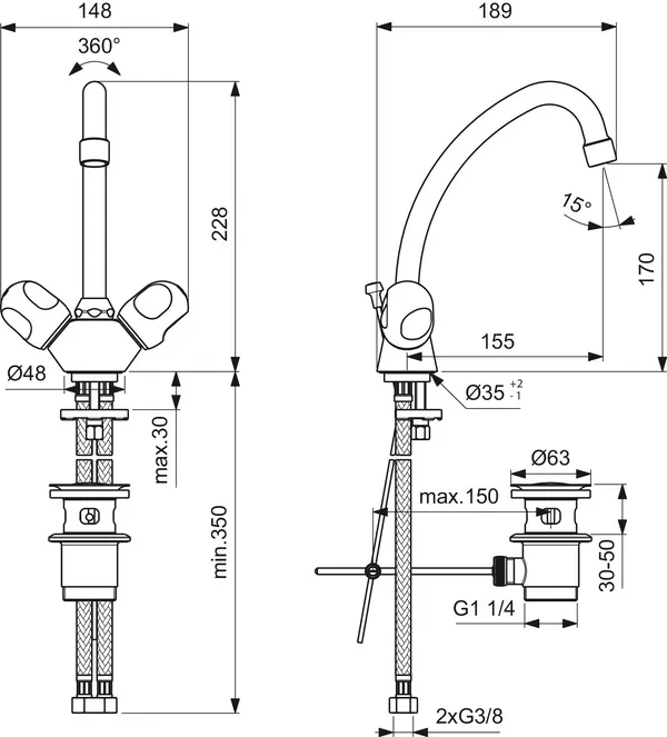 Ideal Standard ALPHA NEW Zweigriff-Waschtischarmatur Alpha, Ausladung 155mm, Chrom Ideal Standard ALPHA NEW Zweigriff-Waschtischarmatur Alpha, Ausladung 155mm, Chrom