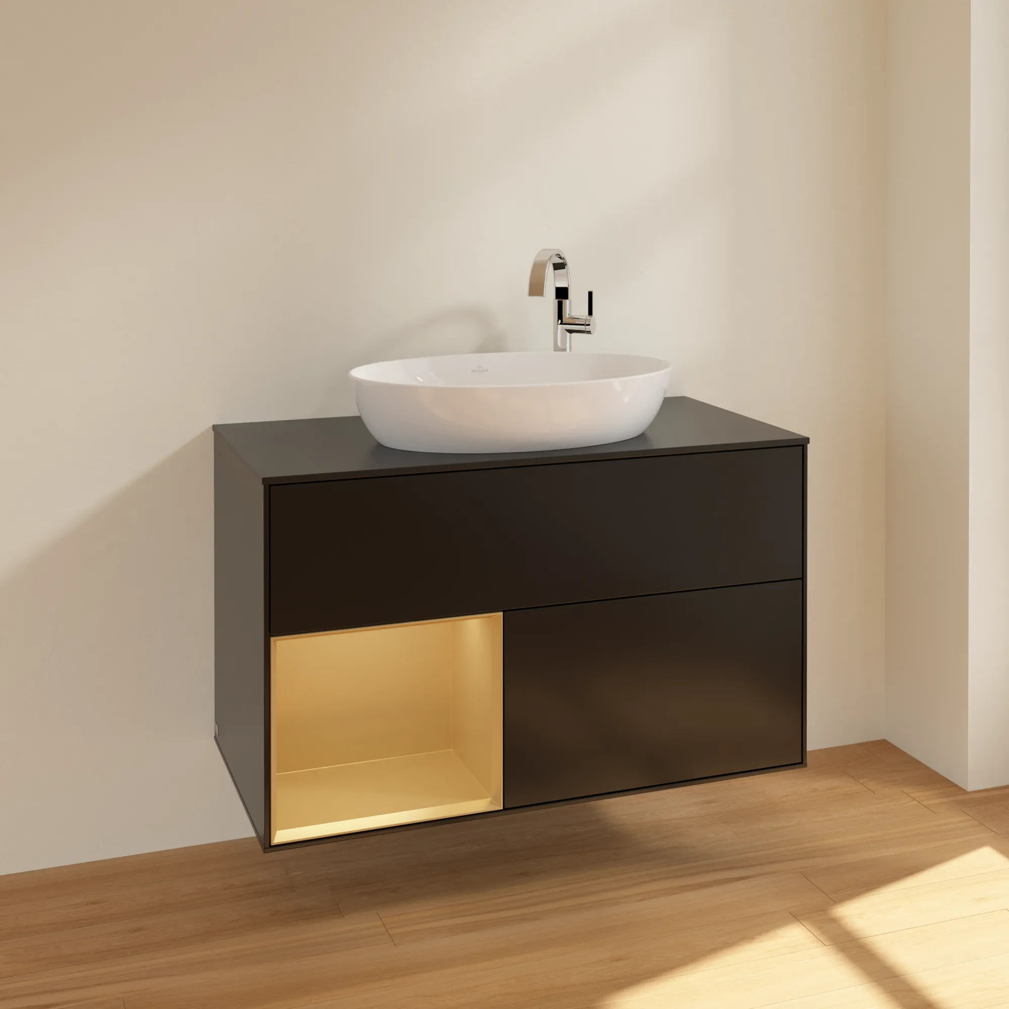 Villeroy & Boch Waschbeckenunterschrank Finion F89, 1000x603x501 mm, Black Matt Lacquer mit Gold Regal, Beleuchtung dimmbar, Push-to-open, SoftClosing