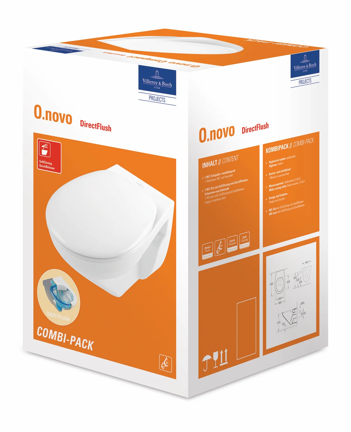 Wand-Tiefspül-WC Combi-Pack DirectFlush „O.novo“ 36 × 36 × 54 cm in Weiß Alpin, ohne Spülrand
