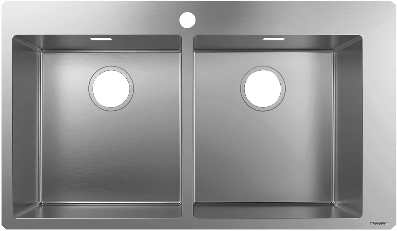 Hansgrohe Einbauspüle S71 Edelstahl, 370x370 mm, 2 Hauptbecken, flach aufliegend oder flächenbündig