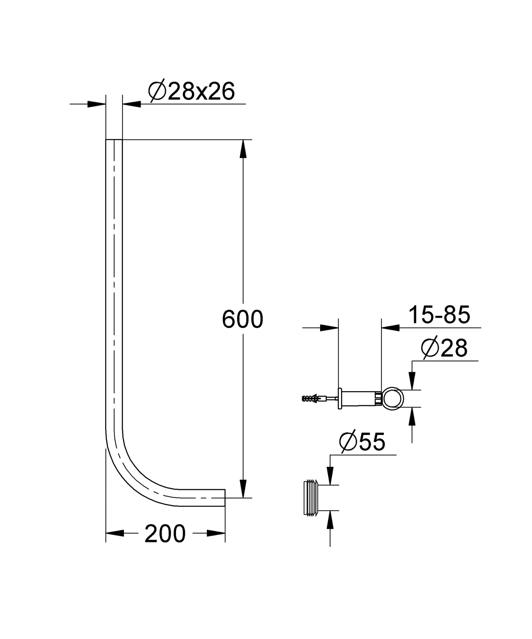 Grohe Spülrohr 37107, WC-Druckspüler, 600x200mm, Ø28x26mm, Messing, chrom Grohe Spülrohr 37107, WC-Druckspüler, 600x200mm, Ø28x26mm, Messing, chrom