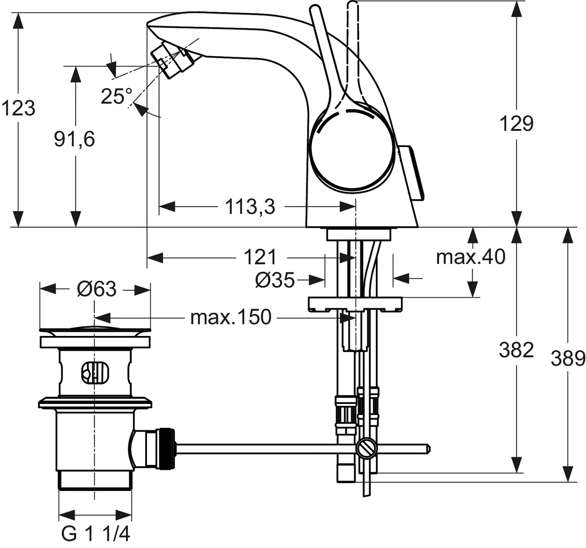 Bidetarmatur Melange, mit Ablaufgarnitur, Ausladung 113mm, Chrom