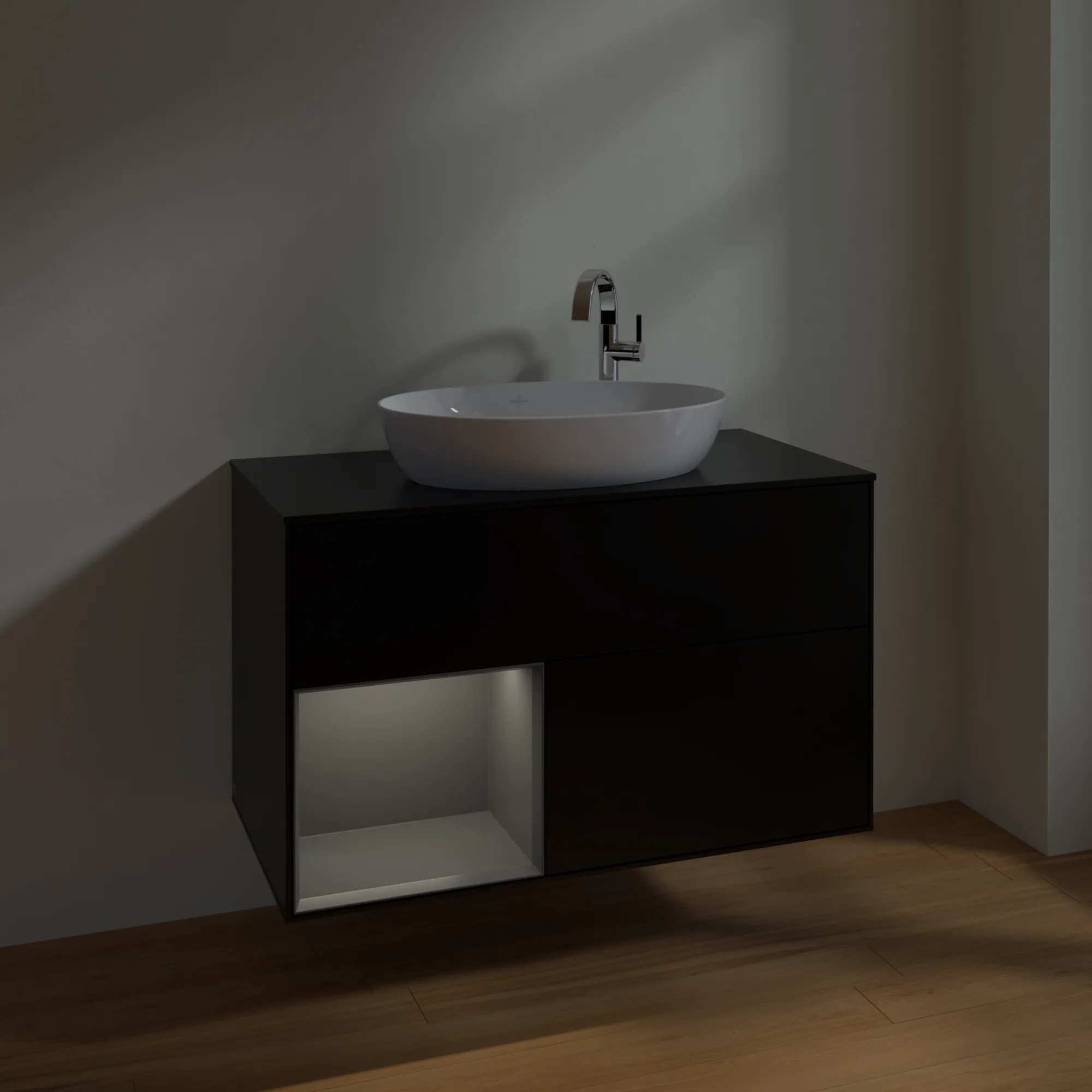 Villeroy & Boch Waschbeckenunterschrank Finion F89, 1000 x 603 x 501 mm, Black Matt Lacquer, mit Beleuchtung und Push-to-open Funktion