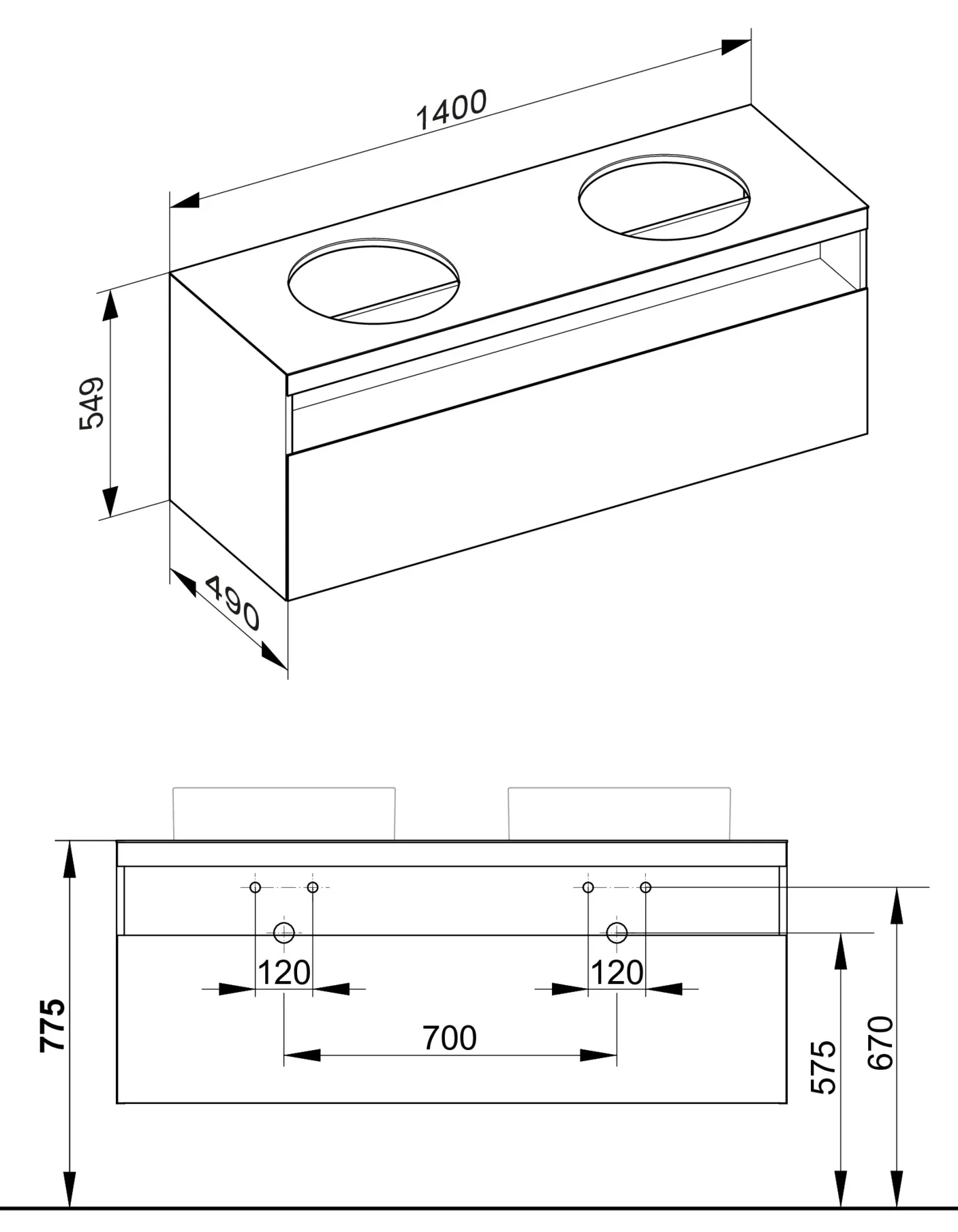 KEUCO Waschtischunterschrank „Stageline“ Inox (Glas, satiniert), Inox (Lack, seidenmatt), ohne Hahnlochbohrung, ohne Beleuchtung 1400 × 550 × 490 mm